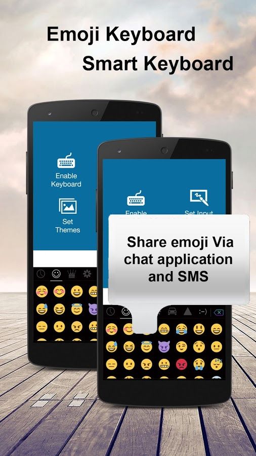 two smartphones with emoj keyboard on them and the caption says share emoj via chat application and sms