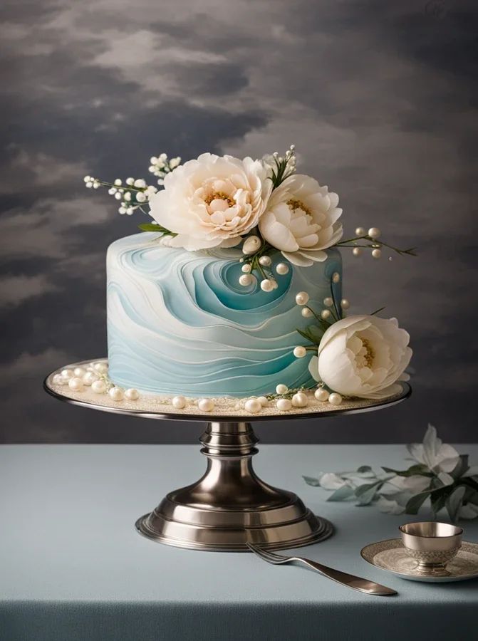 a blue cake with white flowers and pearls on the top is sitting on a silver platter