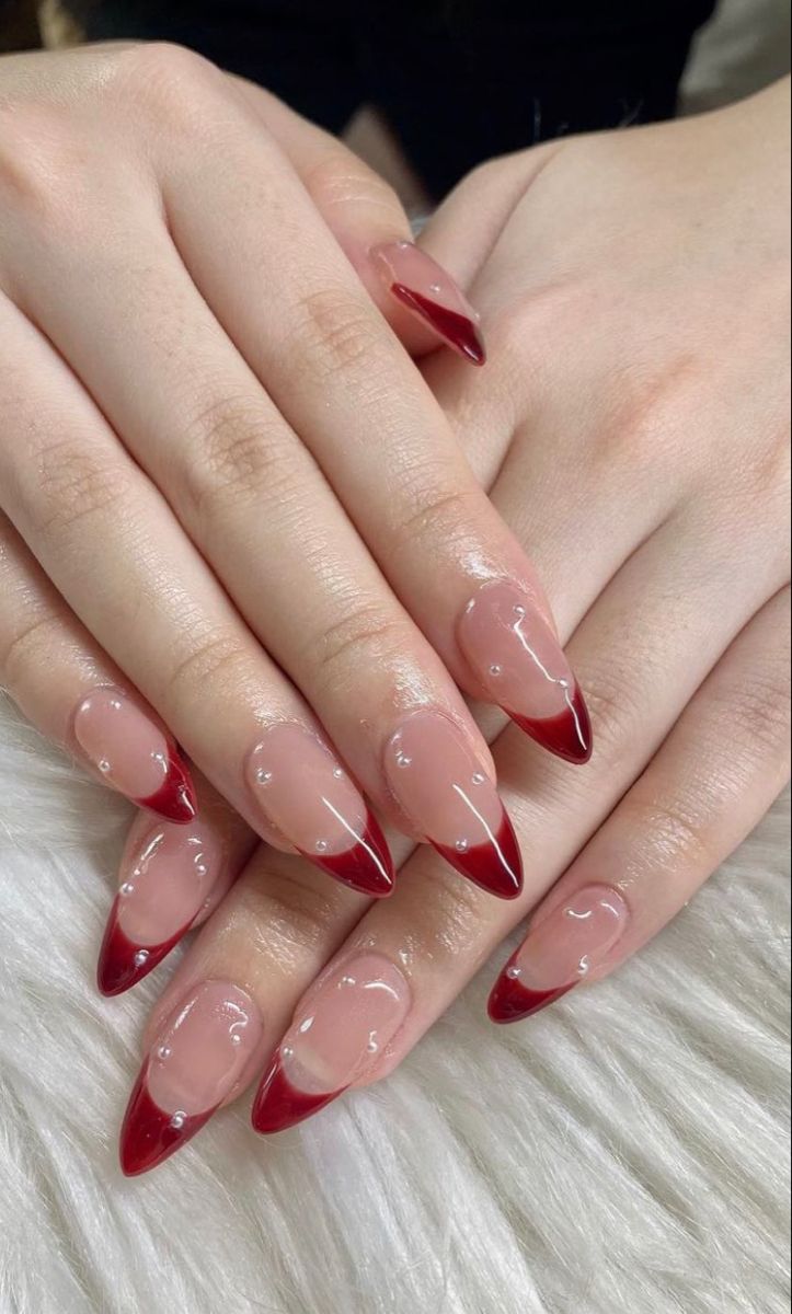 Red French Tip Nails Almond With Pearls, Red Almond Nails With Pearls, Burgundy Nails With Pearls, Red French Nails With Pearls, Red French With Pearls, Red Glitter French Tip Nails Almond, Red French Tips With Pearls, Red French Tip With Pearls, Red French Tip Nails With Pearls