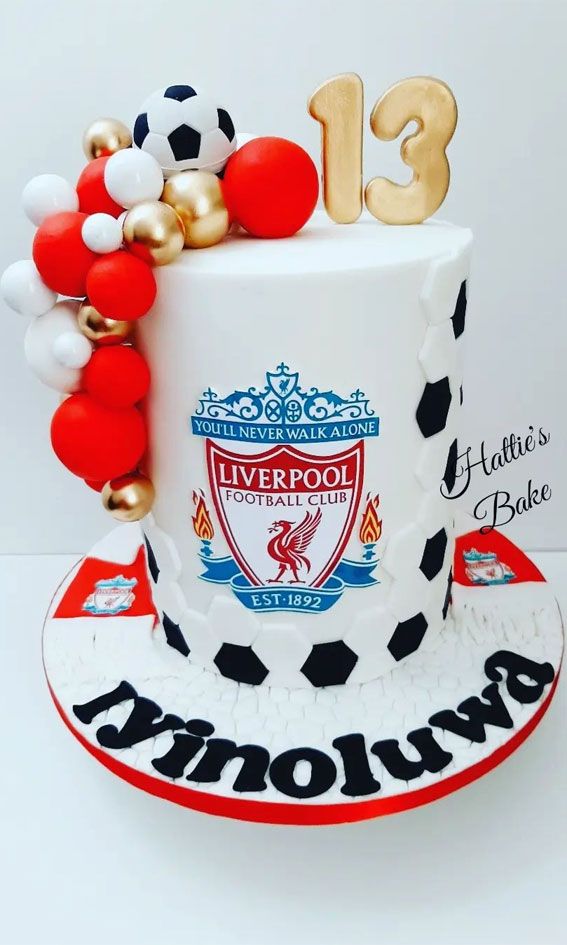 a cake decorated with soccer balls and balloons