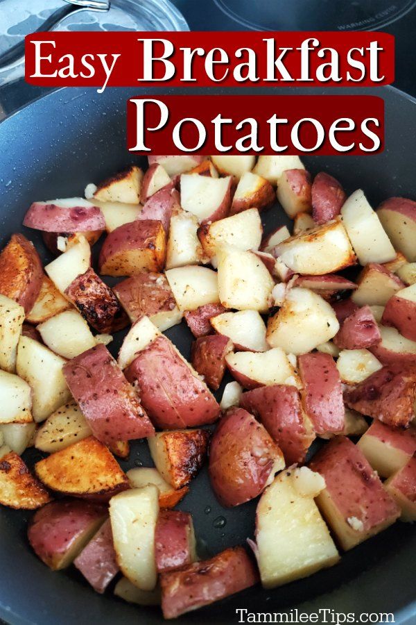 cooked potatoes in a skillet with text overlay