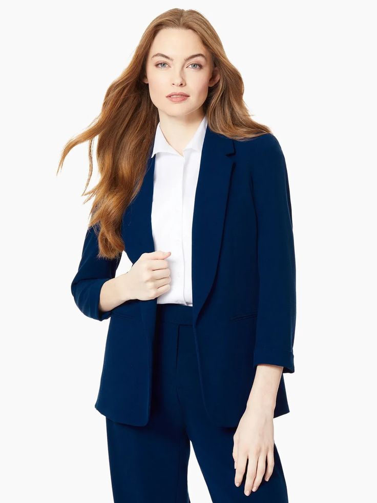 Dive into the classic polish of this sophisticated blazer's navy shade, perfect for crafting a clean, professional look. Just add a few subtle accessories to build an elevated ensemble that seamlessly transitions from desk to dinner. #jonesnewyork #navyblazer #AD Neutral Jacket, Women's Suits, High Low Blouse, Lightweight Blazer, Blazer Beige, Notch Collar, Long Sleeve Blazers, Professional Look, Notched Collar