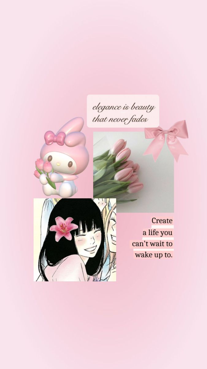 an image of a pink background with flowers and hello kitty on the top right side