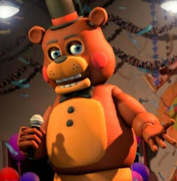 an animated bear holding a microphone in front of balloons