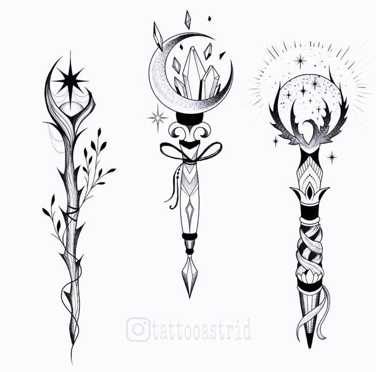 four different tattoo designs on white paper with black and white ink, each one has an arrow