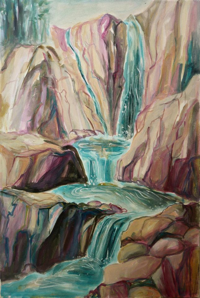 a painting of a waterfall in the mountains