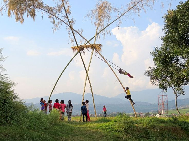 several people are standing around in the grass while one person is hanging upside down on a rope