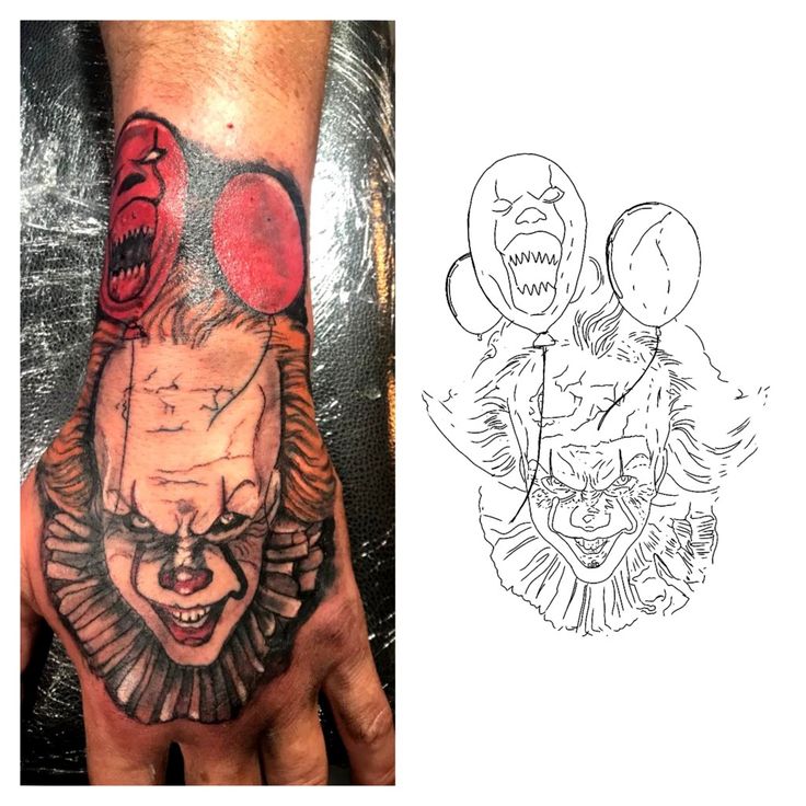 a hand with an evil clown tattoo on it and a drawing of a clown's face