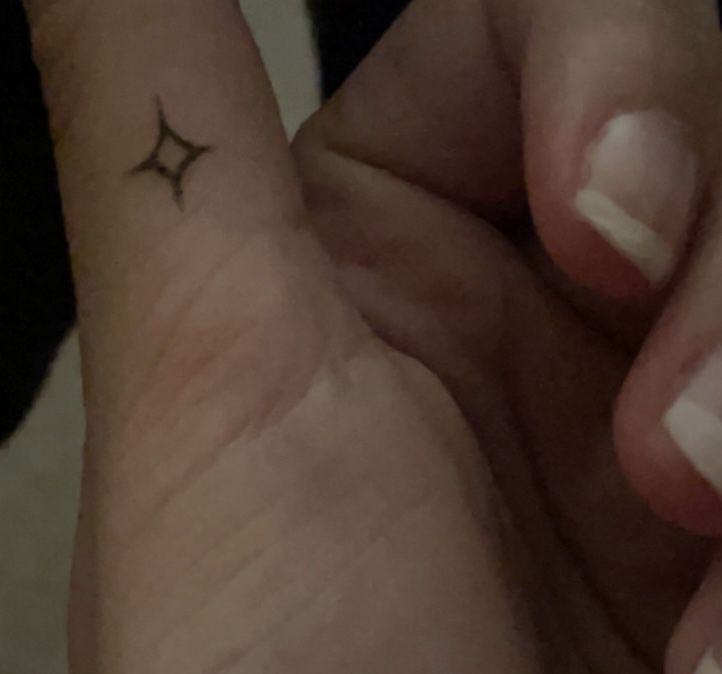 two fingers with small tattoos on them, one has a cross and the other has a star