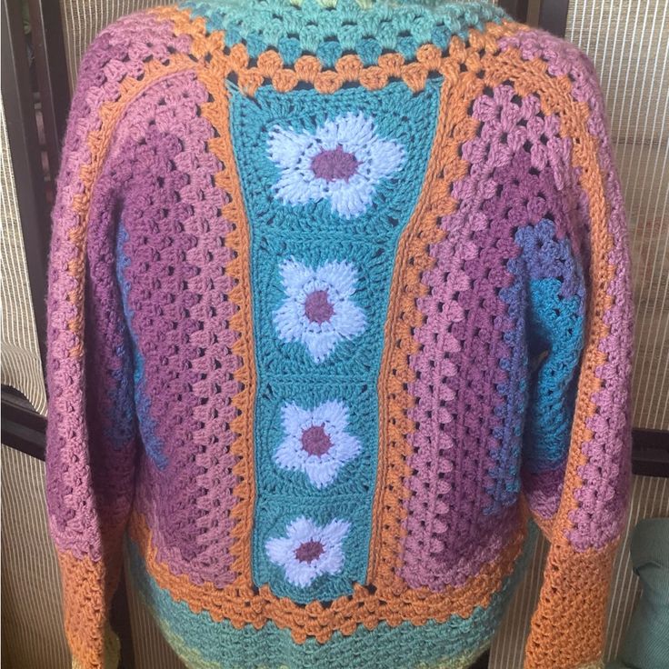 Handmade Crocheted Cardigan Sweater With Band Of Daisies Crocheted Cardigan, Crochet Cardigan Sweater, Crochet Cardigan, Orange Pink, Pink Orange, Colorful Sweaters, Color Orange, Cardigan Sweater, Pink And Orange