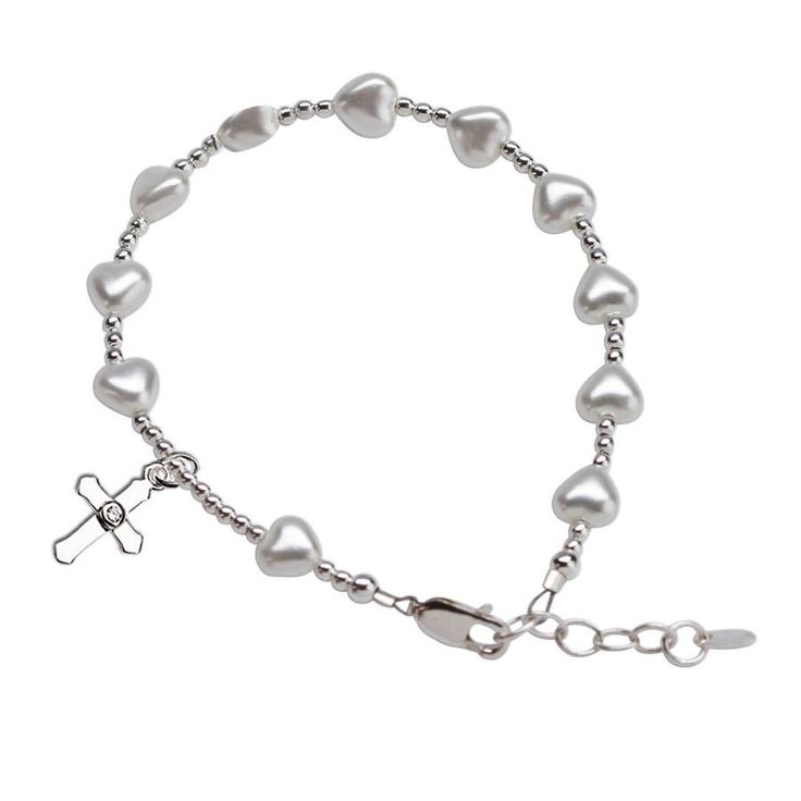 "This timeless keepsake rosary bracelet is designed and hand-beaded in the USA and made using only the finest materials such as 100% sterling silver components, glass pearl hearts, and adorned with an intricate sterling silver cross charm. Each comes boxed in a beautiful gift box and makes a special keepsake for her special first communion day! (6 - 6.5\" with adjustable extension chain). FREE STANDARD SHIPPING - ships within 1 business day! Matching Earrings: https://etsy.me/2YZQZuy Want to add Nickel Free Silver Rosary Bracelet For Gift, Silver Beaded Jewelry For Baptism, Silver Beaded Rosary Bracelet For Gift, Silver Beaded Rosary Bracelet Gift, Silver Spiritual Bracelet With Heart Beads, Adjustable Hypoallergenic Silver Rosary Bracelet, Silver Round Beads Jewelry For First Communion, Adjustable Silver Beaded Heart Bracelet, Adjustable Sterling Silver Charm Bracelet With Heart Beads