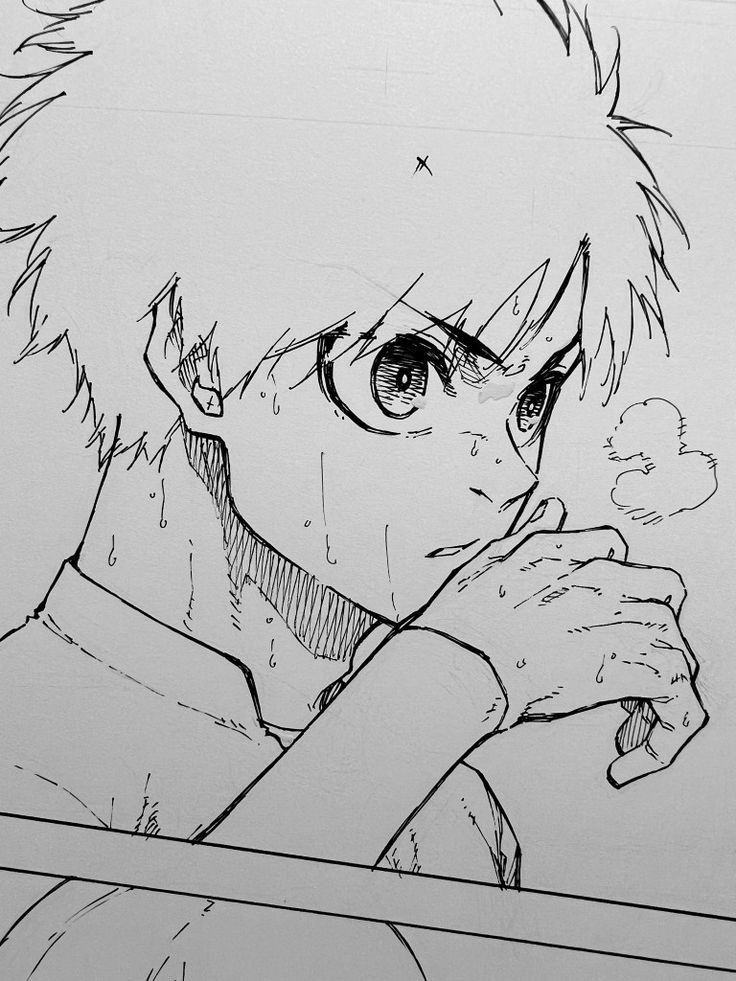 an anime drawing of a boy with his hand on his chin and looking at the camera