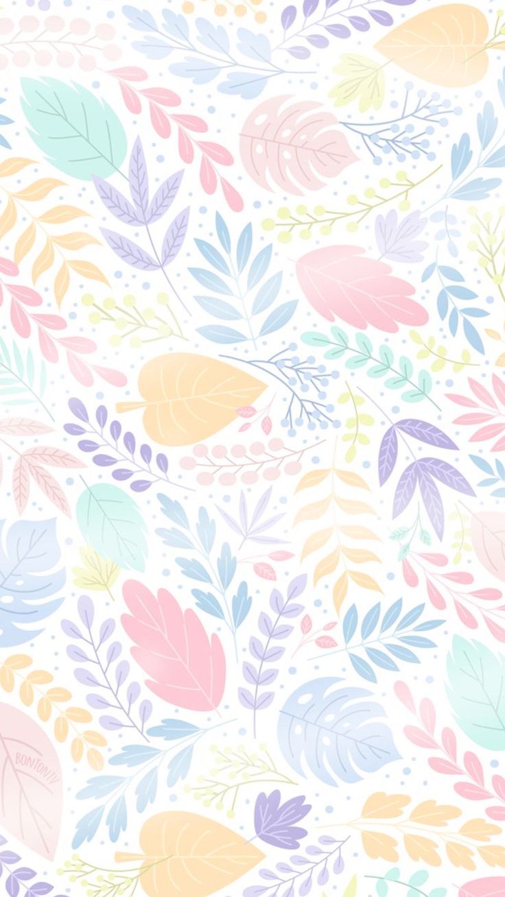 an abstract floral pattern with pastel colors and lots of leaves on a white background