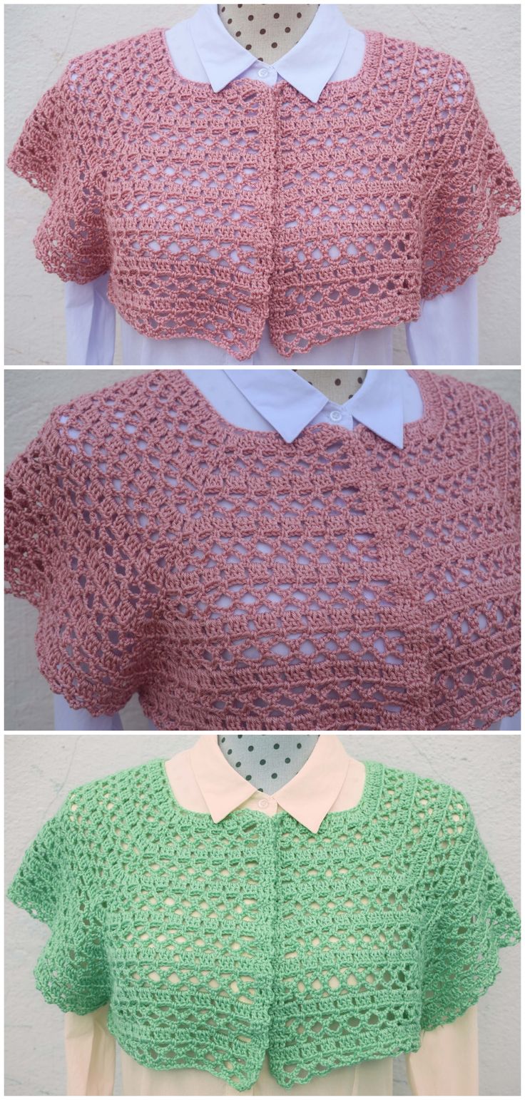 three pictures of different types of crocheted clothing on mannequins, one in pink and the other in green