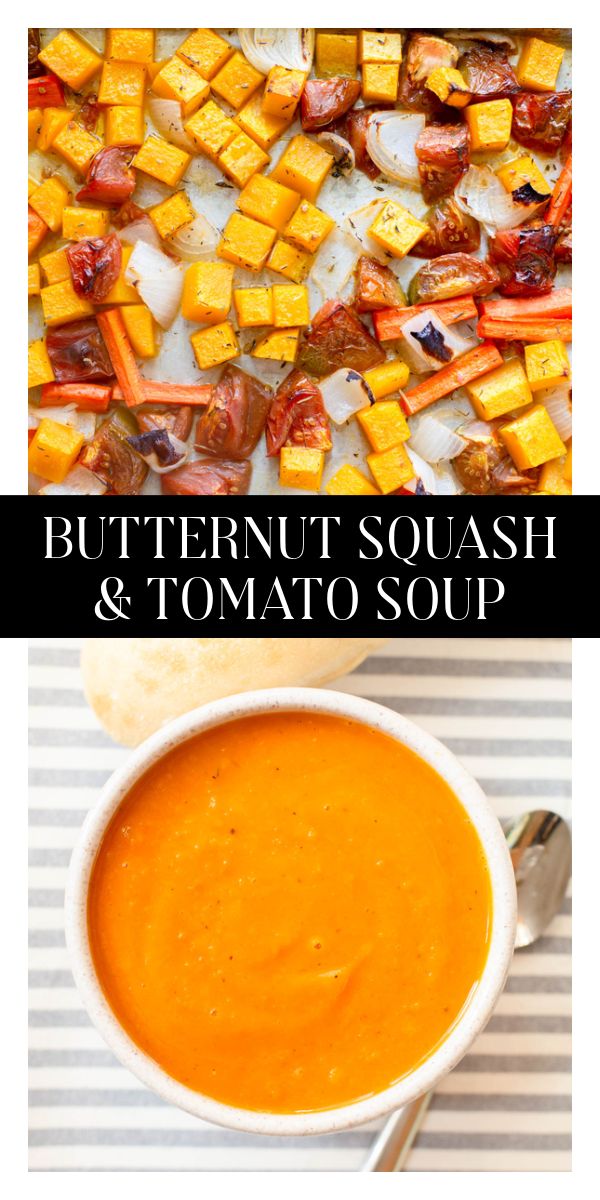 butternut squash and tomato soup in a white bowl