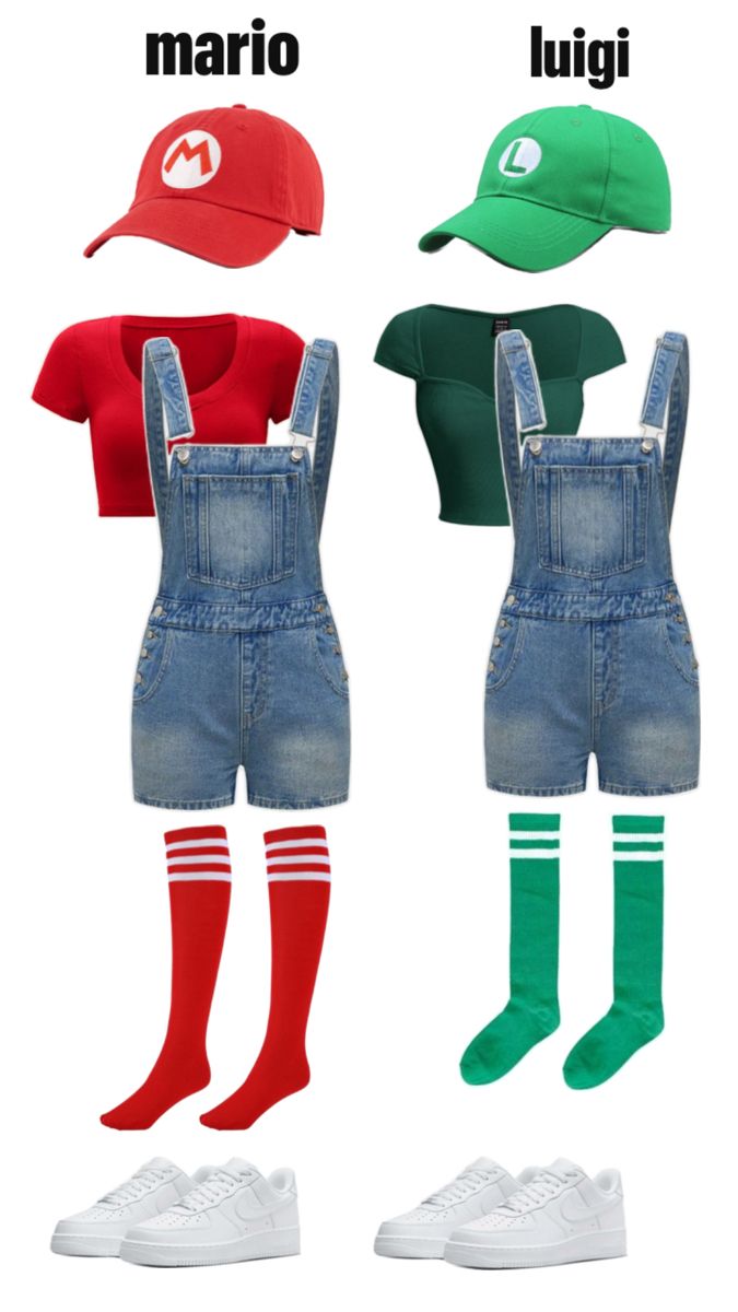 three pairs of overalls with hats and socks on them, all in different colors