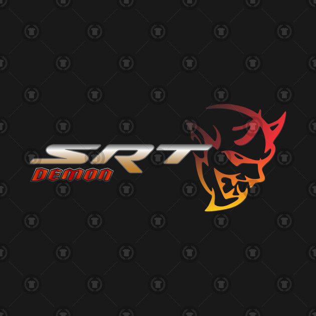 the logo for srt demon is shown in red and yellow on a black background