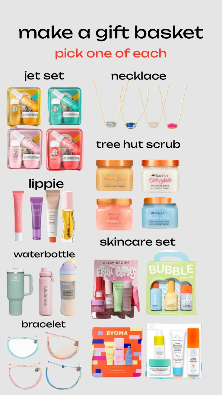 the contents of a travel bag with text that says make a gift basket pick one of each