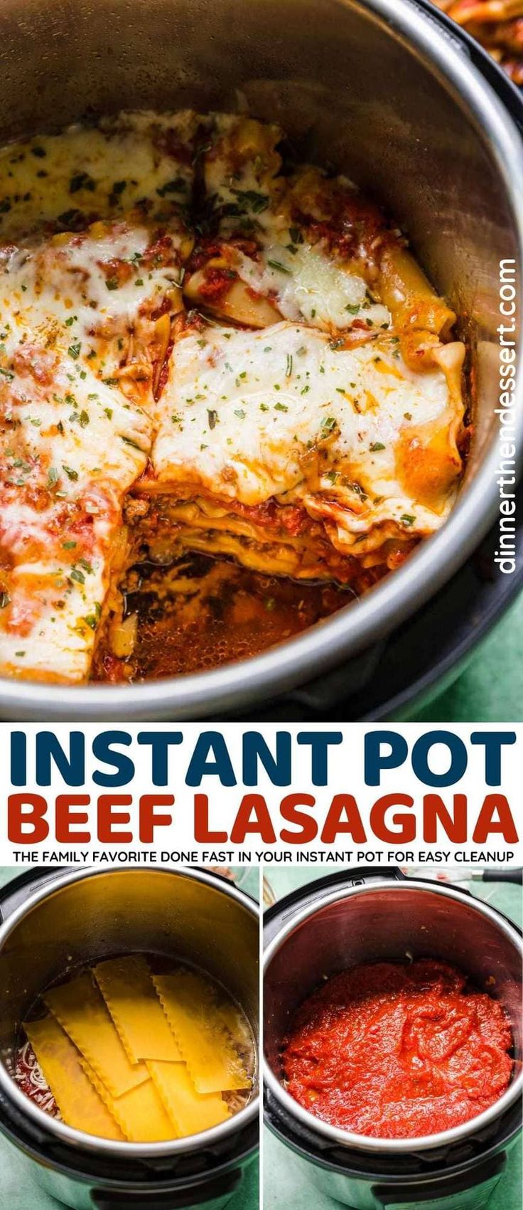 the instant pot beef lasagna recipe is shown in three different pictures, including cheese and tomato sauce