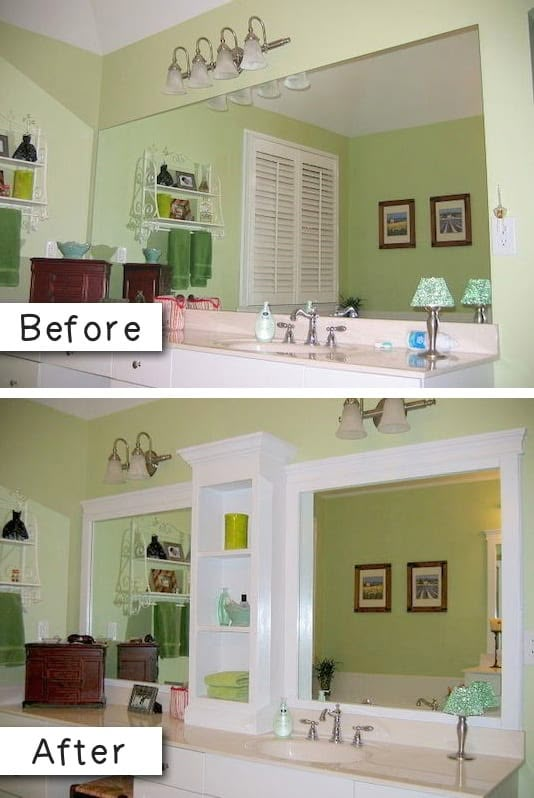 before and after pictures of a bathroom remodel with white cabinets, green walls