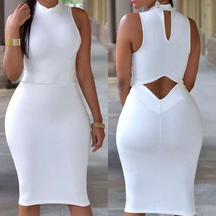 Sexy Datenight Dress White High Neck Mini Dress For Party, White Stretch Midi Length Bodycon Dress, White Stretch Bodycon Midi Dress, White Stretch Midi Bodycon Dress, White High Neck Mini Dress For Night Out, White Midi Length Dress For Club, White High Neck Bodycon Dress For Summer, White Midi Length Club Dress, White High Neck Bodycon Summer Dress