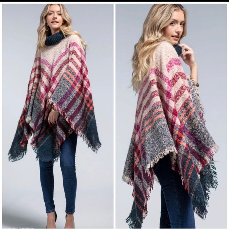 Brand New Ruggine Kansas Soft Boucle Yarn Turtleneck Poncho -Soft Boucle Yarn Dye Plaid Motif Turtleneck Poncho -100% Polyester ,-Approximate L"26.5" W "52" Fringe"1.25" Cozy Multicolor Poncho, Cozy Pink Poncho For Fall, Casual Pink Poncho For Fall, Pink One-size Poncho For Fall, Pink One Size Poncho For Fall, Cozy Pink One Size Poncho, Oversized Pink Poncho For Spring, Pink Long Sleeve Poncho One Size, Pink Bohemian Winter Poncho