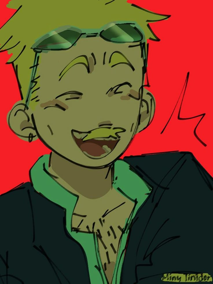 a drawing of a man with green hair and sunglasses on his face, smiling at the camera