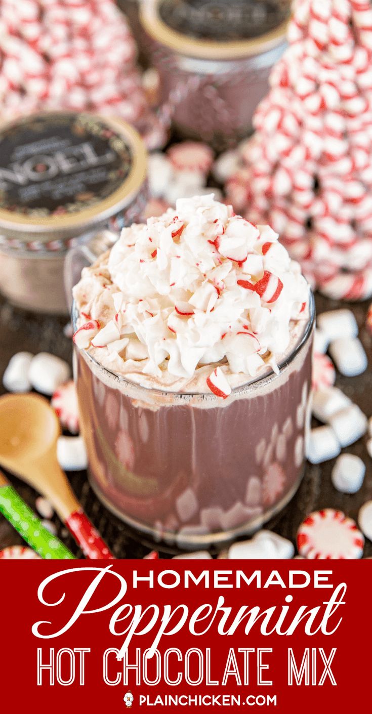 homemade peppermint hot chocolate mix in a glass with candy canes around it