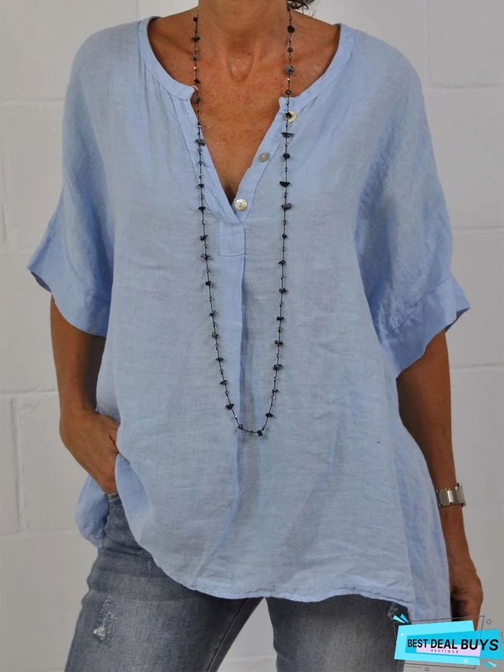 Casual Blue Plain Blouse Tunic Denim Short Jumpsuit, Short Sleeve Tunic Tops, Plain Blouse, Linen Casual, Short Sleeve Tunic, Linnet, Plain Shirts, Women Shirts Blouse, Tunic Blouse