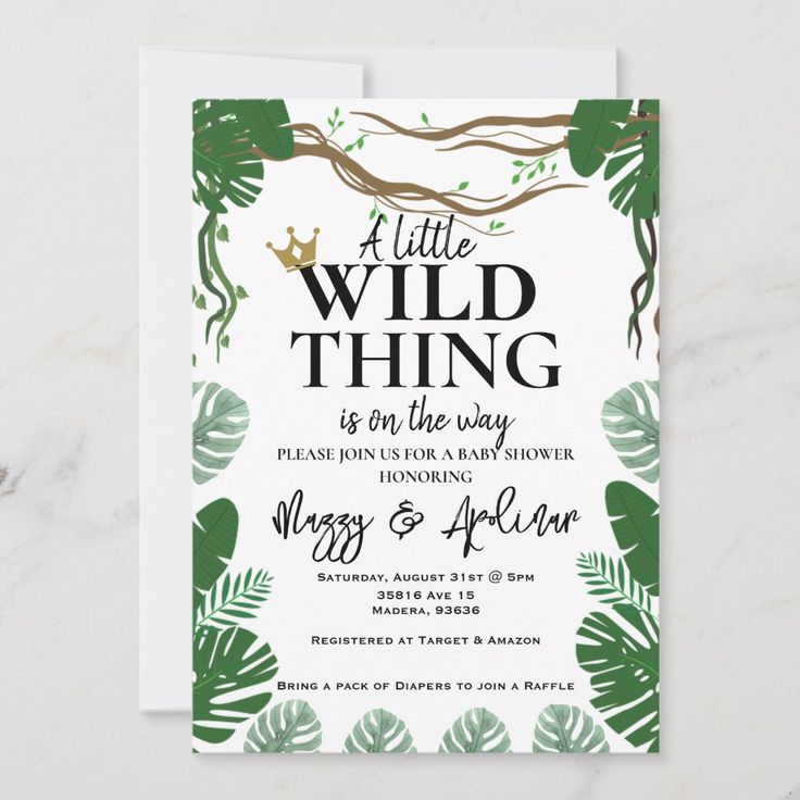 a little wild thing is on the way baby shower card with palm leaves and a crown