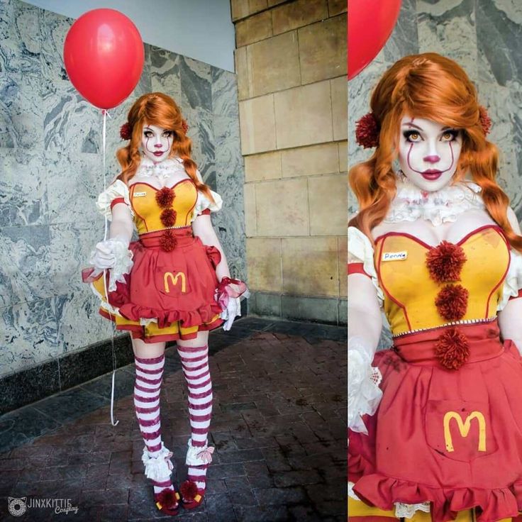 a woman dressed up as a mcdonald's character with red hair and clown makeup