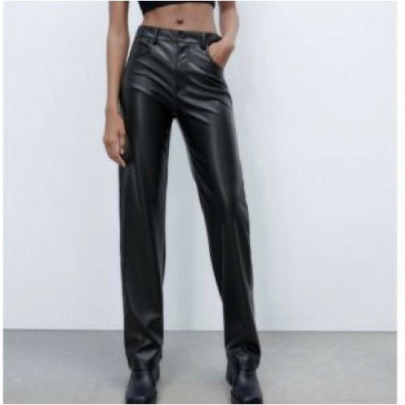 Straight Leg, Never Worn, Polyester Black High-waisted Leather Pants For Spring, Black Leather High-waisted Pants For Spring, Spring Black High-waisted Leather Pants, Trendy Black Straight Leather Pants, Chic Black Full Length Leather Pants, Straight Leather Pants With Pockets For Party, Party Leather Pants With Pockets, Straight Leg, Party Leather Straight Pants With Pockets, Casual Leather Pants For Spring Going Out