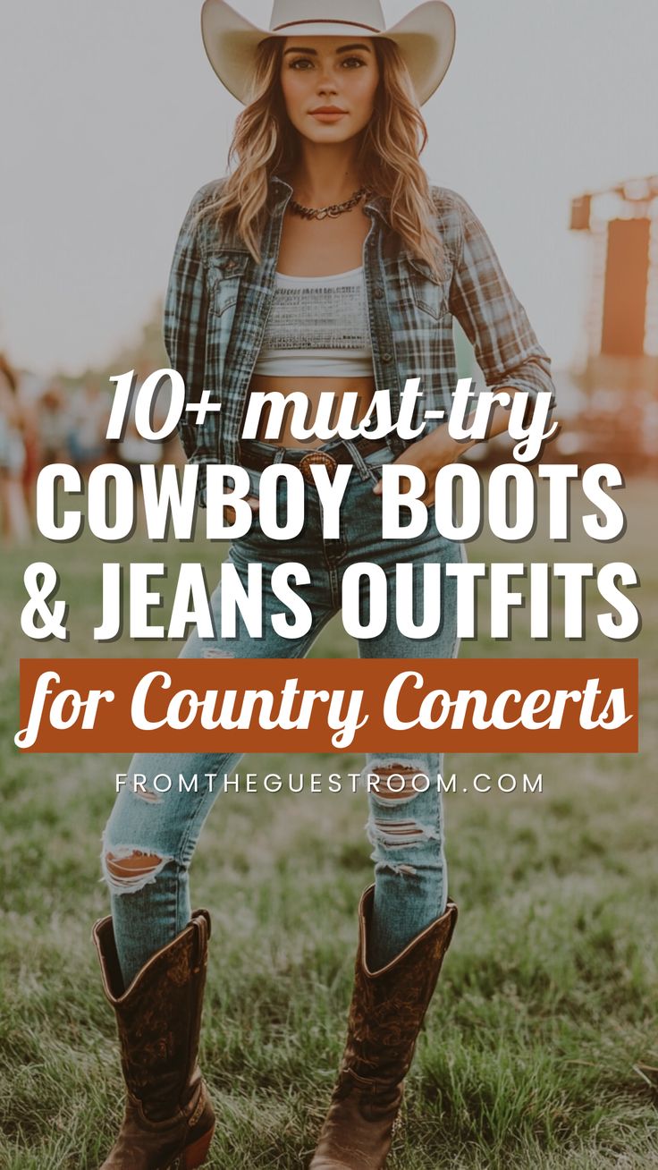 a woman wears jeans and cowboy boots for country concert, western outfits Black Fringe Cowboy Boots Outfit, Classy Cowgirl Boots Outfit, Cowboy Boots Straight Jeans, Styling Cowboy Boots Women Casual, Country Concert Outfit With Boots, Bootcut Jeans Cowboy Boots Outfit, Women Outfits With Cowboy Boots, Flannel Outfits Country, Denim Vest Cowgirl Outfit