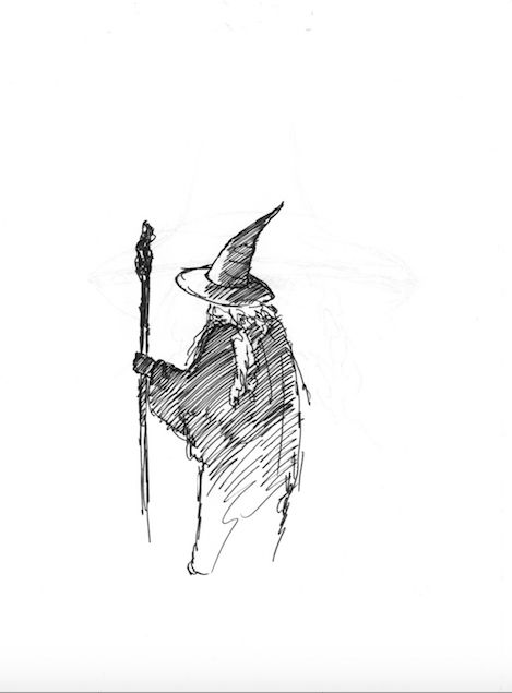 a black and white drawing of a wizard holding a staff with one hand on his hip