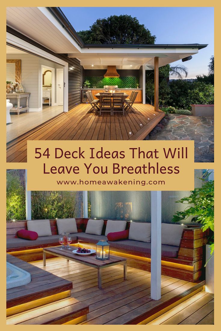 a deck that has some couches on it and the words 54 deck ideas that will leave you breathing