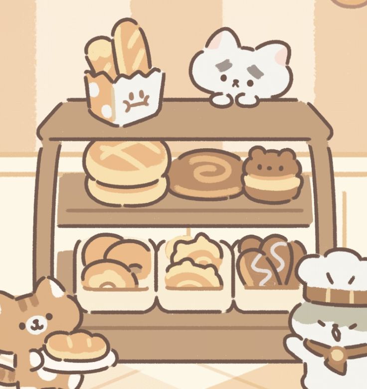 an image of a bakery display with donuts and cats