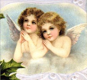 two cherubs with holly leaves on them, one holding the other's hand