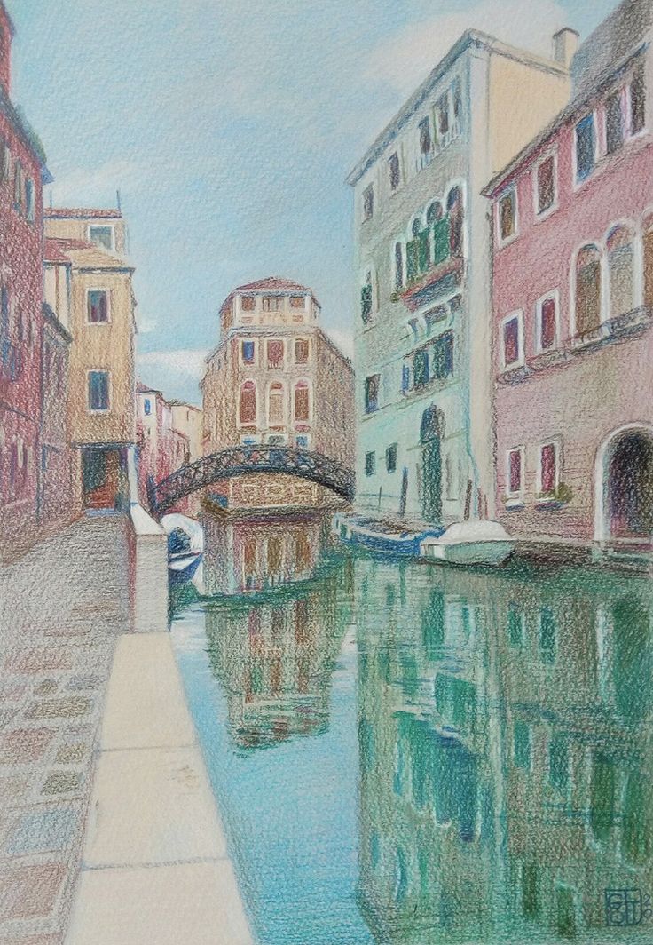 a pastel drawing of a canal with buildings and a bridge in the background on a sunny day