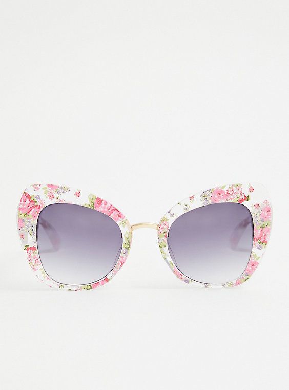 These sleek sunglasses combine a cat-eye shape with a pink floral print for a meow-valous look. Man-made materials. Imported. Width 6. 145”, height: 2. 5”. The best plus size women's pink floral cat eye sunglasses eyewear in white. Feminine Sunglasses For Spring, Pink Cat Eye Sunglasses For Spring, Spring Pink Cat Eye Sunglasses, Feminine Pink Tinted Sunglasses, Spring Cat Eye Sunglasses With Polarized Lenses, Pink Cat Eye Sunglasses With Uv Protection For Summer, Spring Sunglasses With Gradient Lenses, Pink Cat Eye Sunglasses With Tinted Lenses For Summer, Spring Party Cat Eye Sunglasses With Tinted Lenses