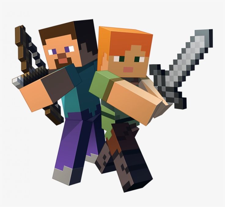 two minecraft characters holding swords and blocks