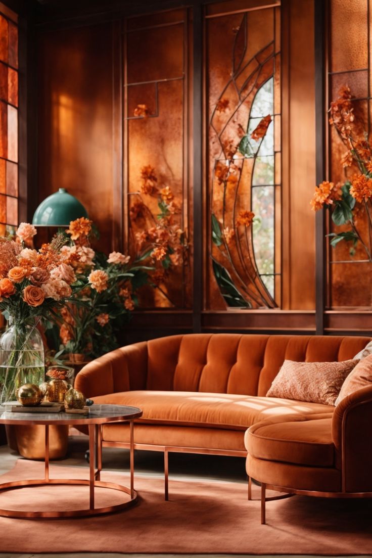 a living room filled with furniture and flowers