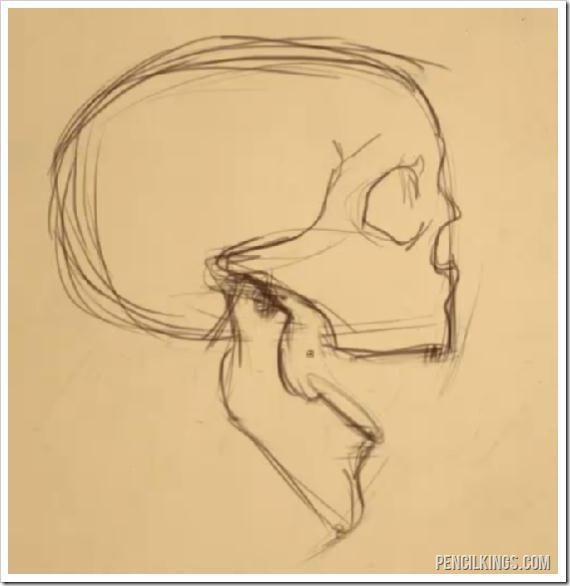 a pencil drawing of a person's head with their hand on the side of his face