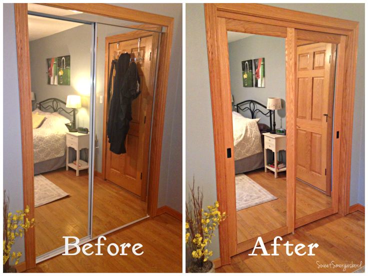 before and after pictures of a bedroom door with mirrored glass panels on the front, side and back doors