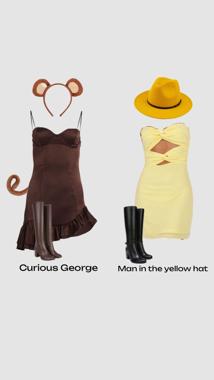 three different types of clothes with hats and boots on the bottom, one in yellow and one in brown