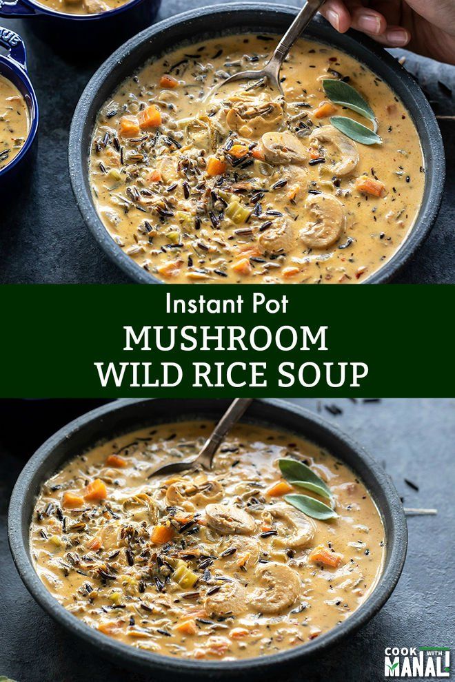 two bowls of instant pot mushroom wild rice soup with spoons in them and the same bowl