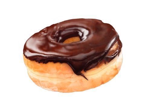 a glazed donut with chocolate icing on a white background