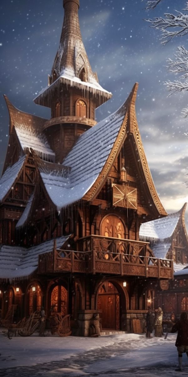 a large wooden building sitting on top of a snow covered field