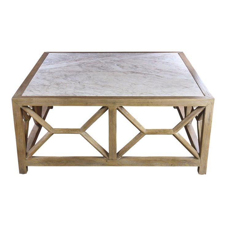 a marble top coffee table with two wooden legs and an open shelf on the bottom