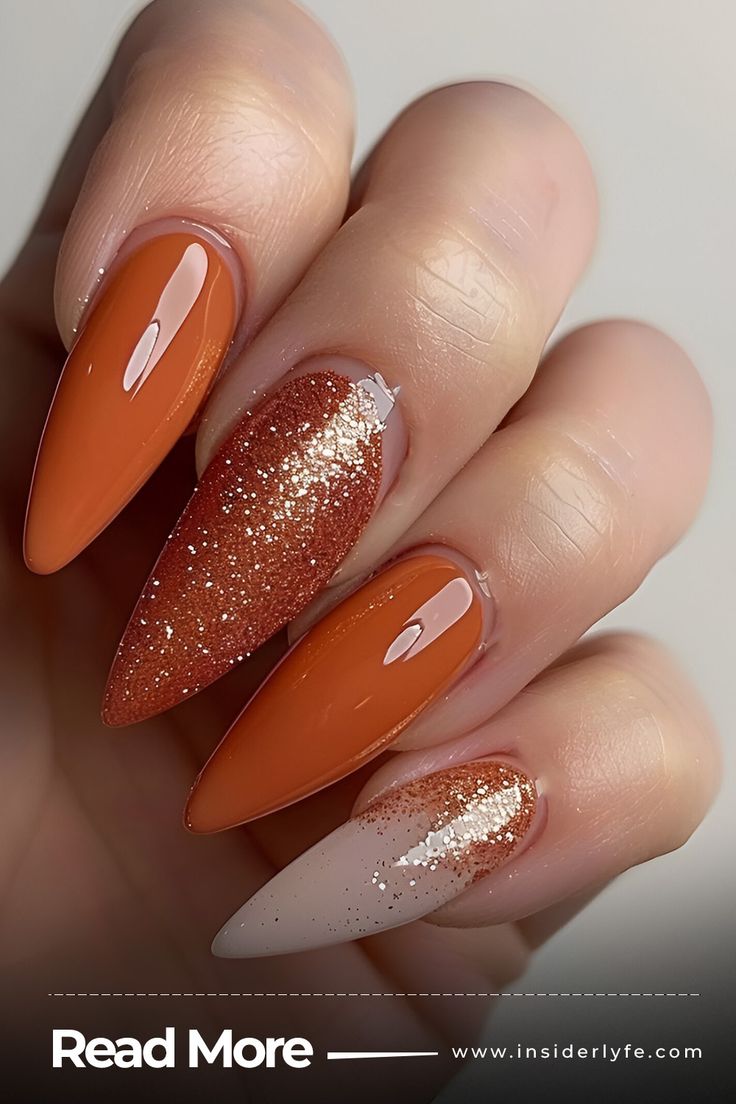 Terracott Easy Fall Acrylic Nails, Fall Copper Nails, Burnt Sienna Nails, Fall Nail Inspo 2024 Almond, October November Nails, Terracotta Nails Designs, Fall Almond Shaped Nails, Orange Fall Nail Designs, Terracotta Nails