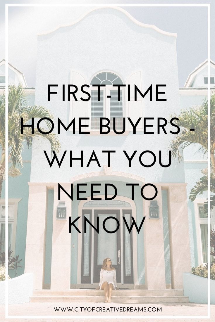 a woman standing in front of a house with the words first time home buyers what you need